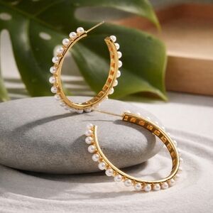 18K Gold Plated Stainless Steel Pearl Hoop Earrings 1.75" Large Hypoallergenic